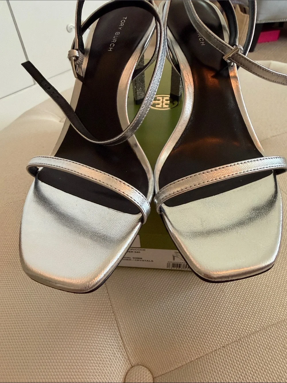 Tory Burch Metallic Silver Ankle-Strap Heels.  New in box no defects size 9.